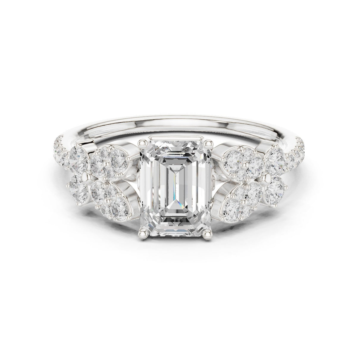 Emerald Cut Engagement Ring with Floral Side Cluster Accents