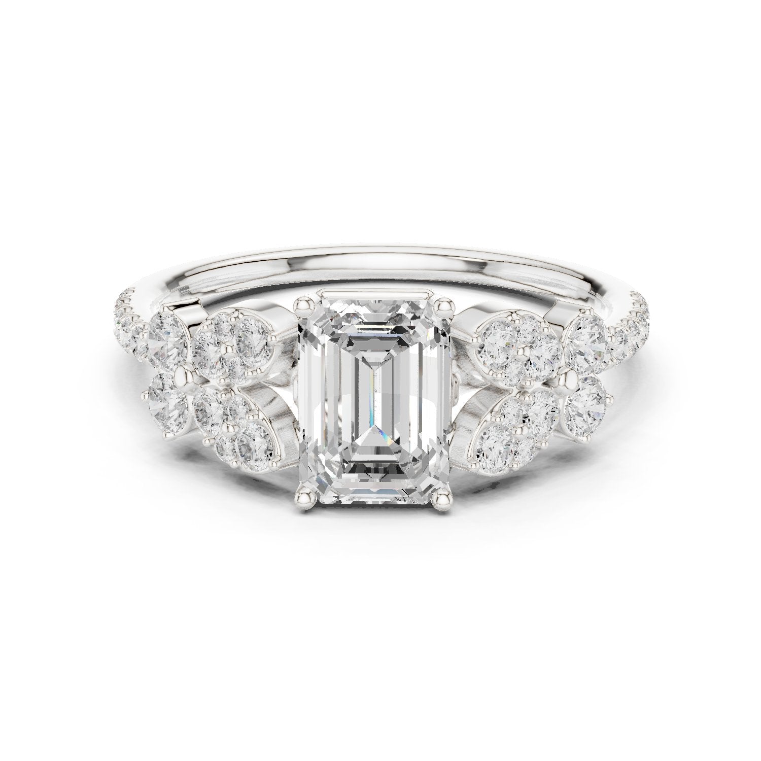 Emerald Cut Engagement Ring with Floral Side Cluster Accents