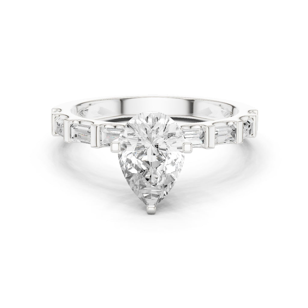 Pear Diamond Engagement Ring with Alternating Baguette and Round Band