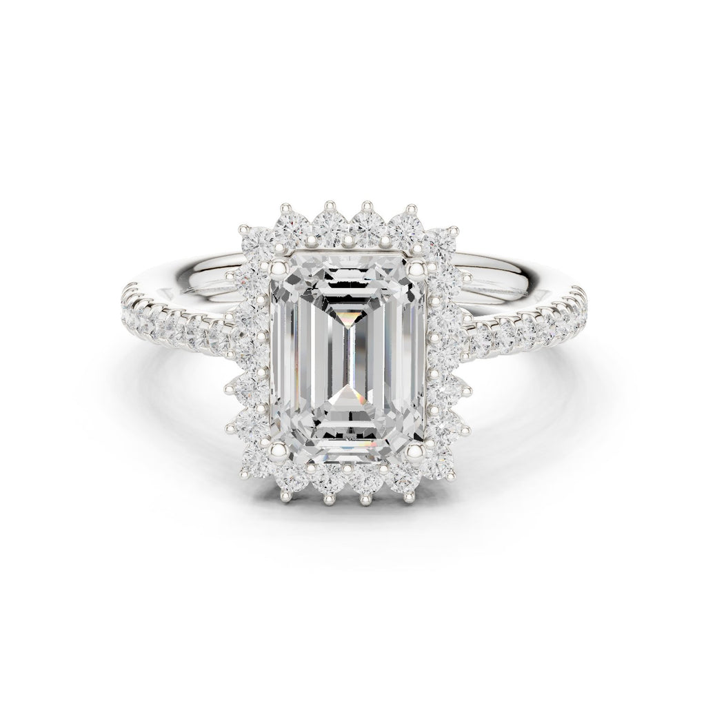 Emerald Cut Diamond Ballerina Halo Engagement Ring