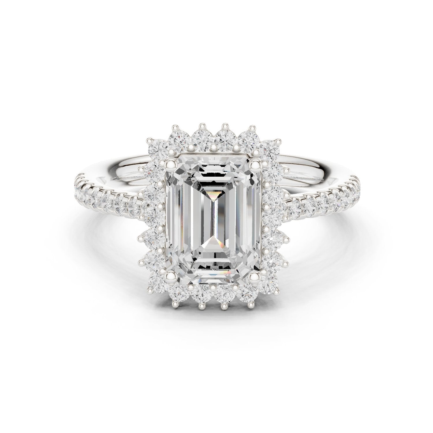Emerald Cut Diamond Ballerina Halo Engagement Ring