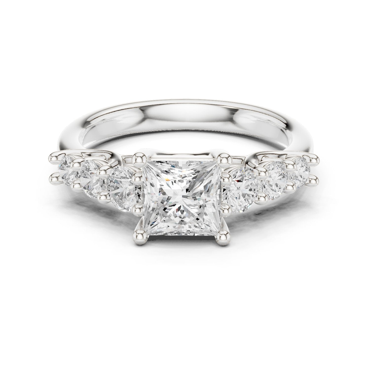 Princess Cut Engagement Ring with Round Side Accents on Chevron Shoulders