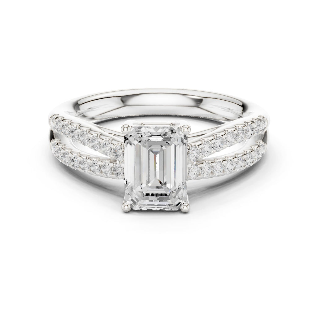 Emerald Cut Split Shank Engagement Ring with Pavé Band