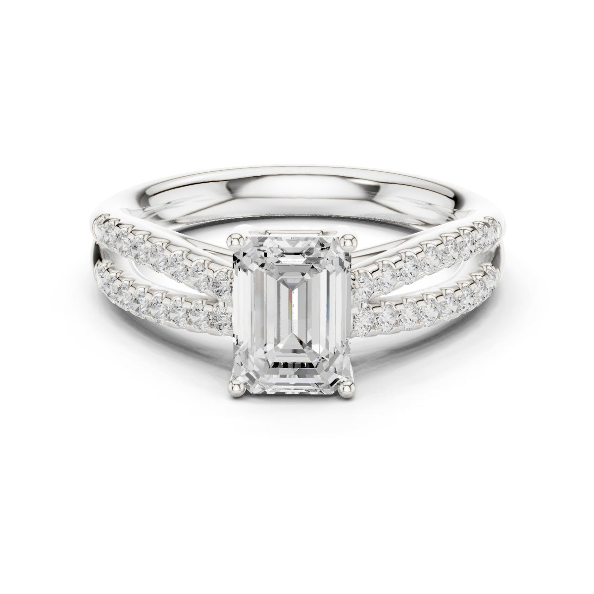 Emerald Cut Split Shank Engagement Ring with Pavé Band