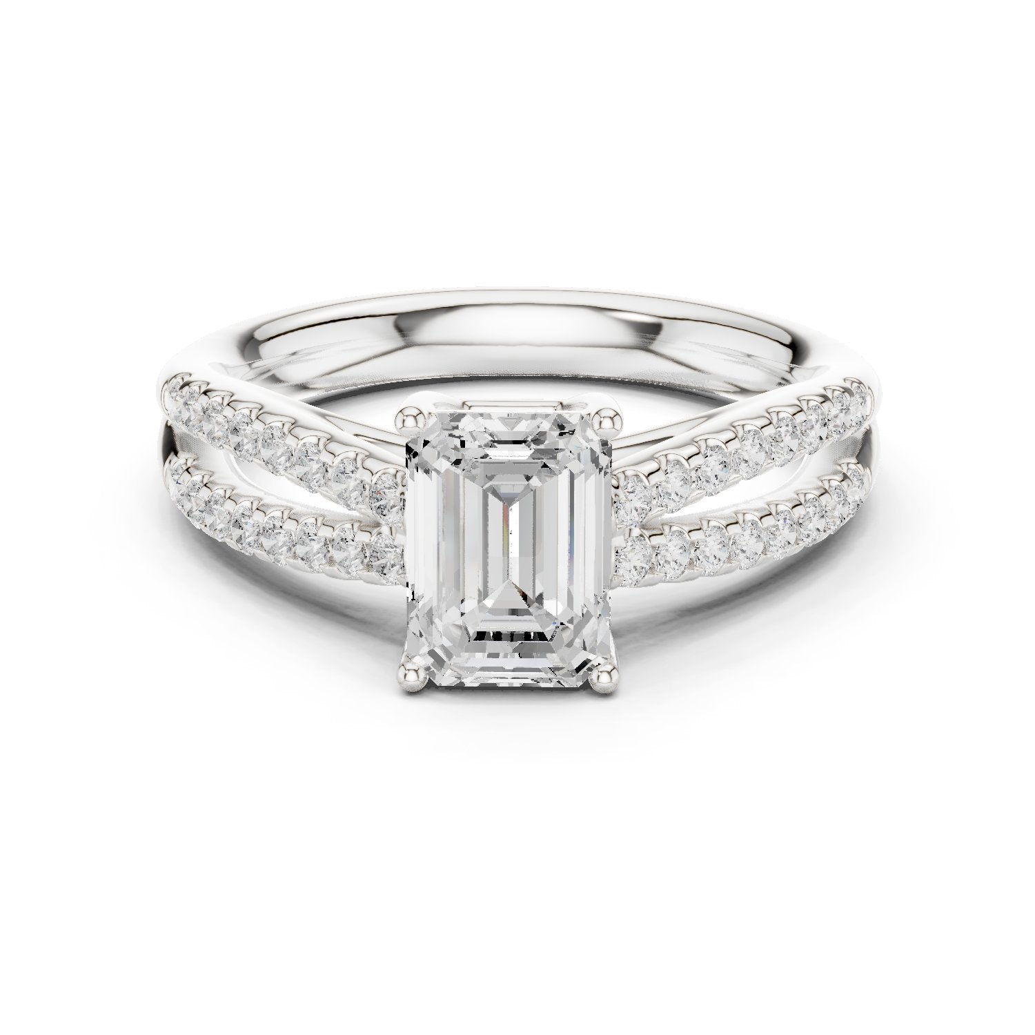 Emerald Cut Split Shank Engagement Ring with Pavé Band