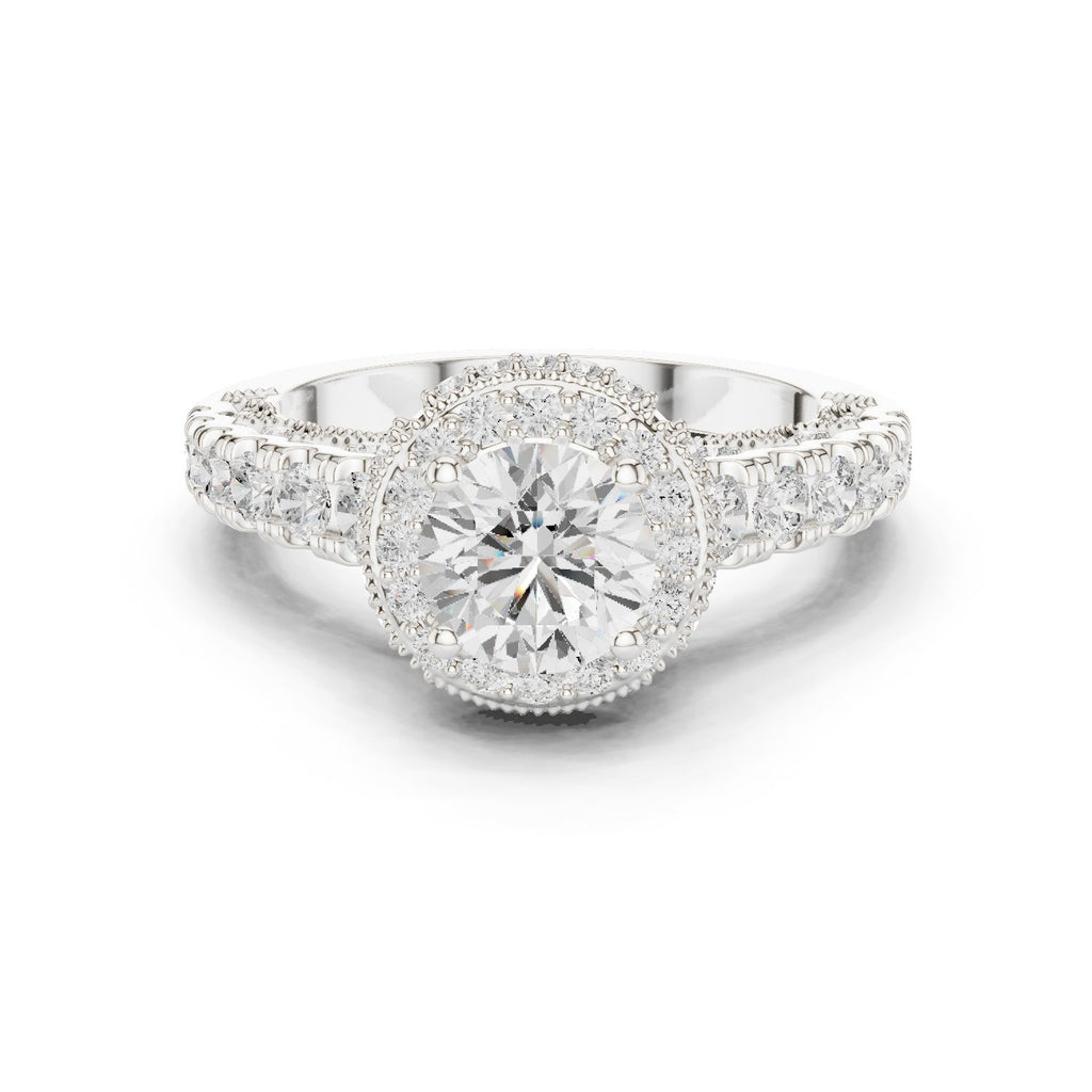 Round Diamond Halo Engagement Ring with Multi-Row Pavé Band
