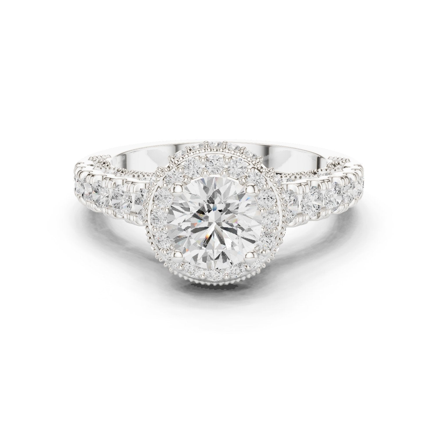 Round Diamond Halo Engagement Ring with Multi-Row Pavé Band