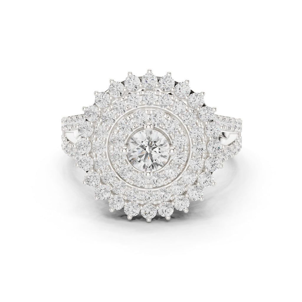Round Diamond Sunburst Cluster Halo Statement Engagement Ring