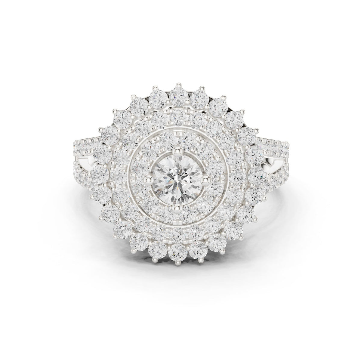 Round Diamond Sunburst Cluster Halo Statement Engagement Ring