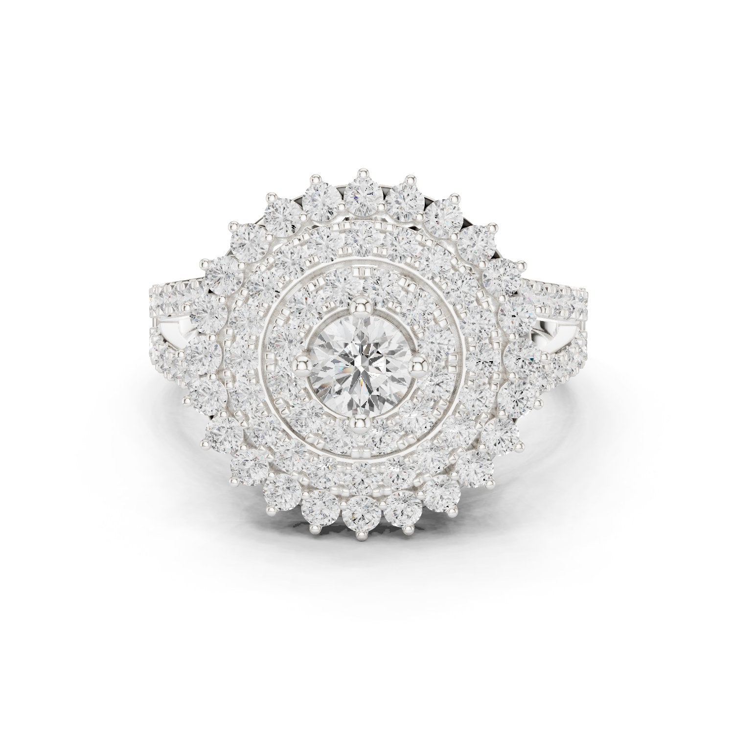 Round Diamond Sunburst Cluster Halo Statement Engagement Ring