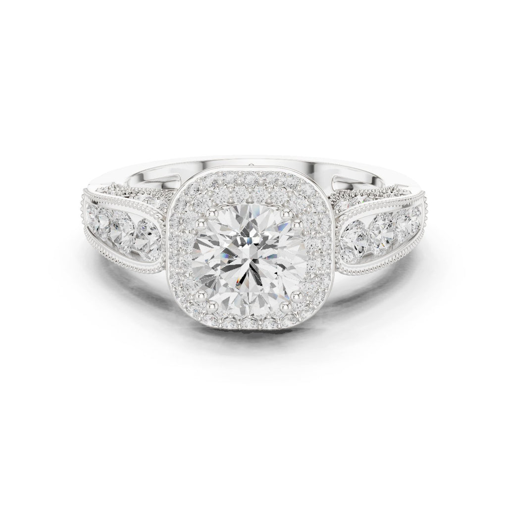 Round Diamond Cushion Halo Engagement Ring with Decorative Pavé Band