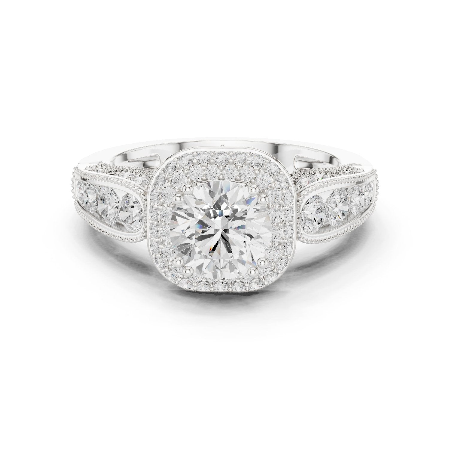Round Diamond Cushion Halo Engagement Ring with Decorative Pavé Band