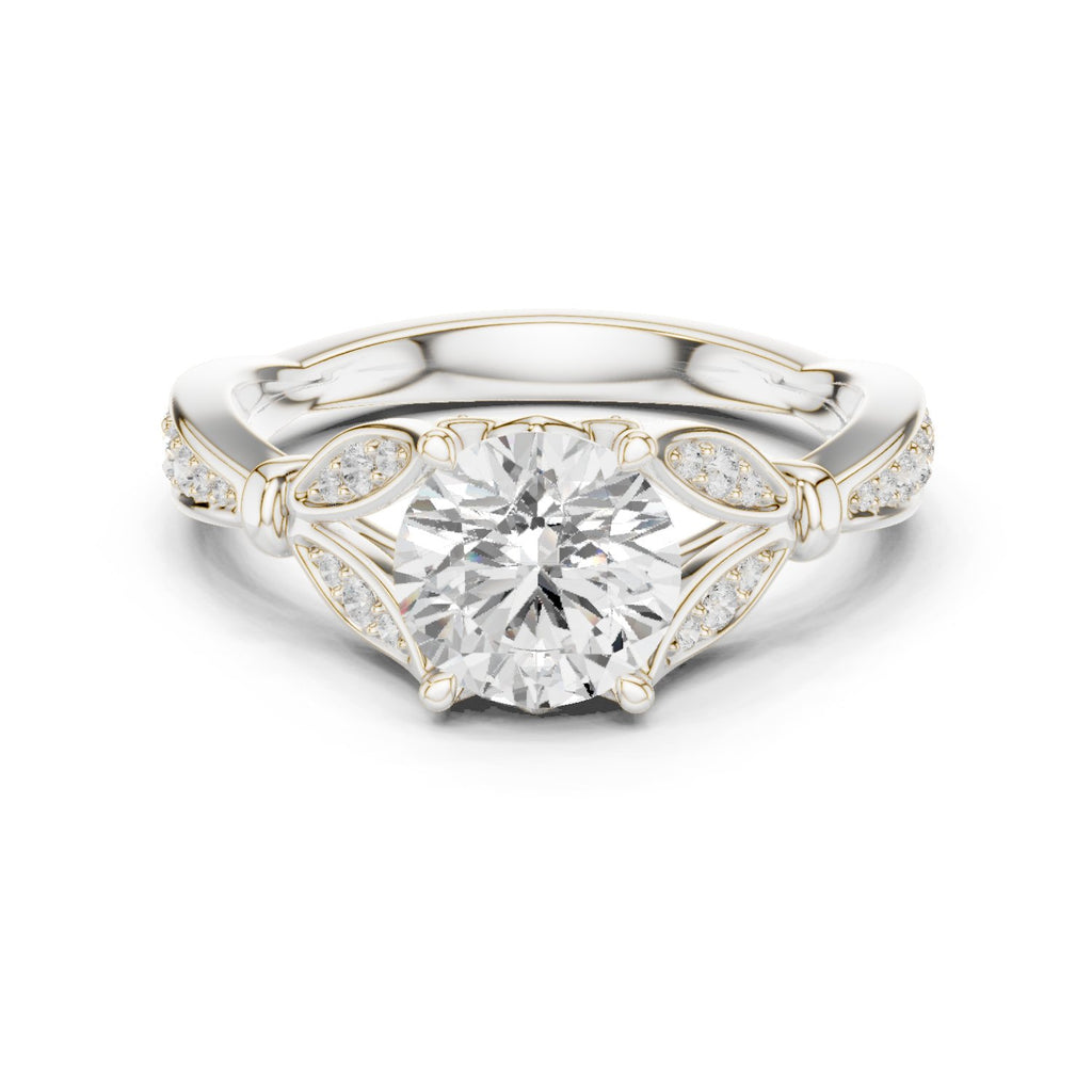 Round Diamond Engagement Ring with Leaf Accents and Pavé Band