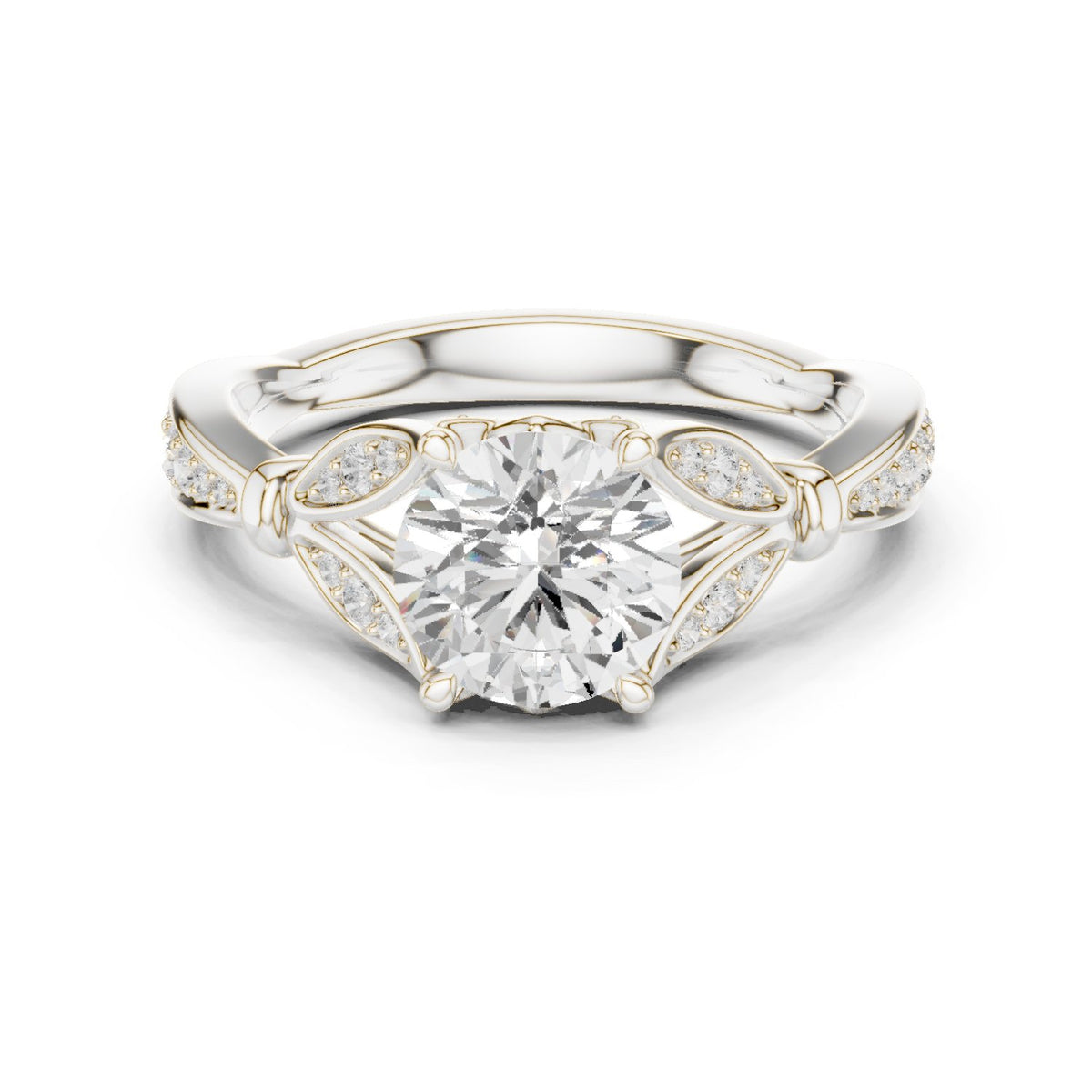Round Diamond Engagement Ring with Leaf Accents and Pavé Band