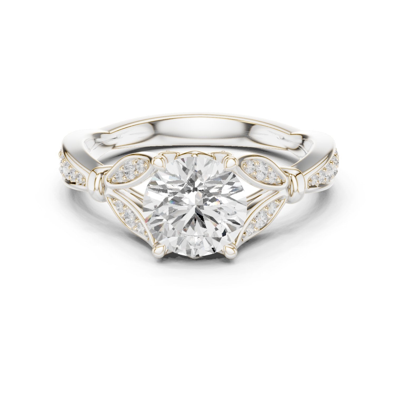 Round Diamond Engagement Ring with Leaf Accents and Pavé Band