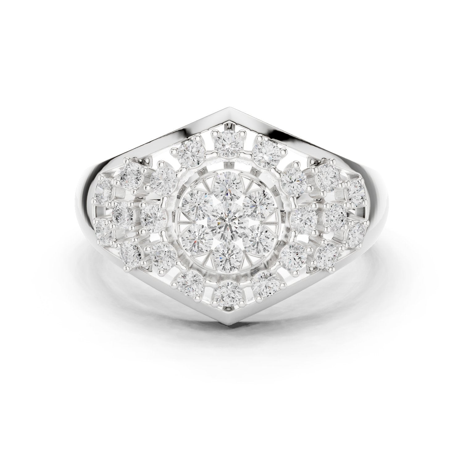 Round Diamond Hexagonal Cluster Signet Engagement Ring