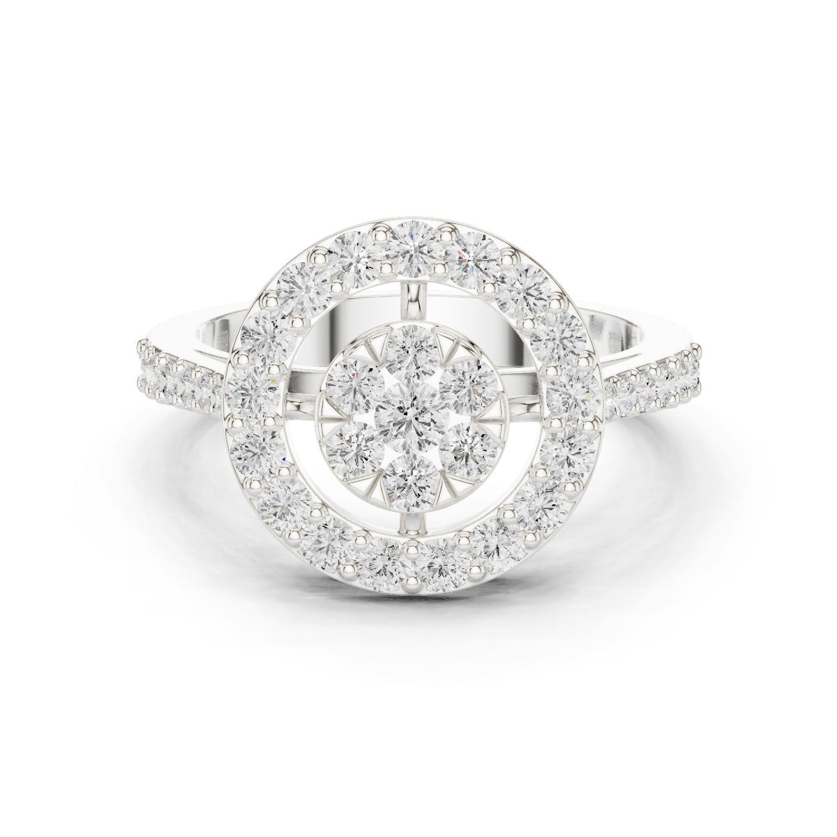 Round Diamond Constellation Cluster Halo Engagement Ring with Split Shank Pavé Band