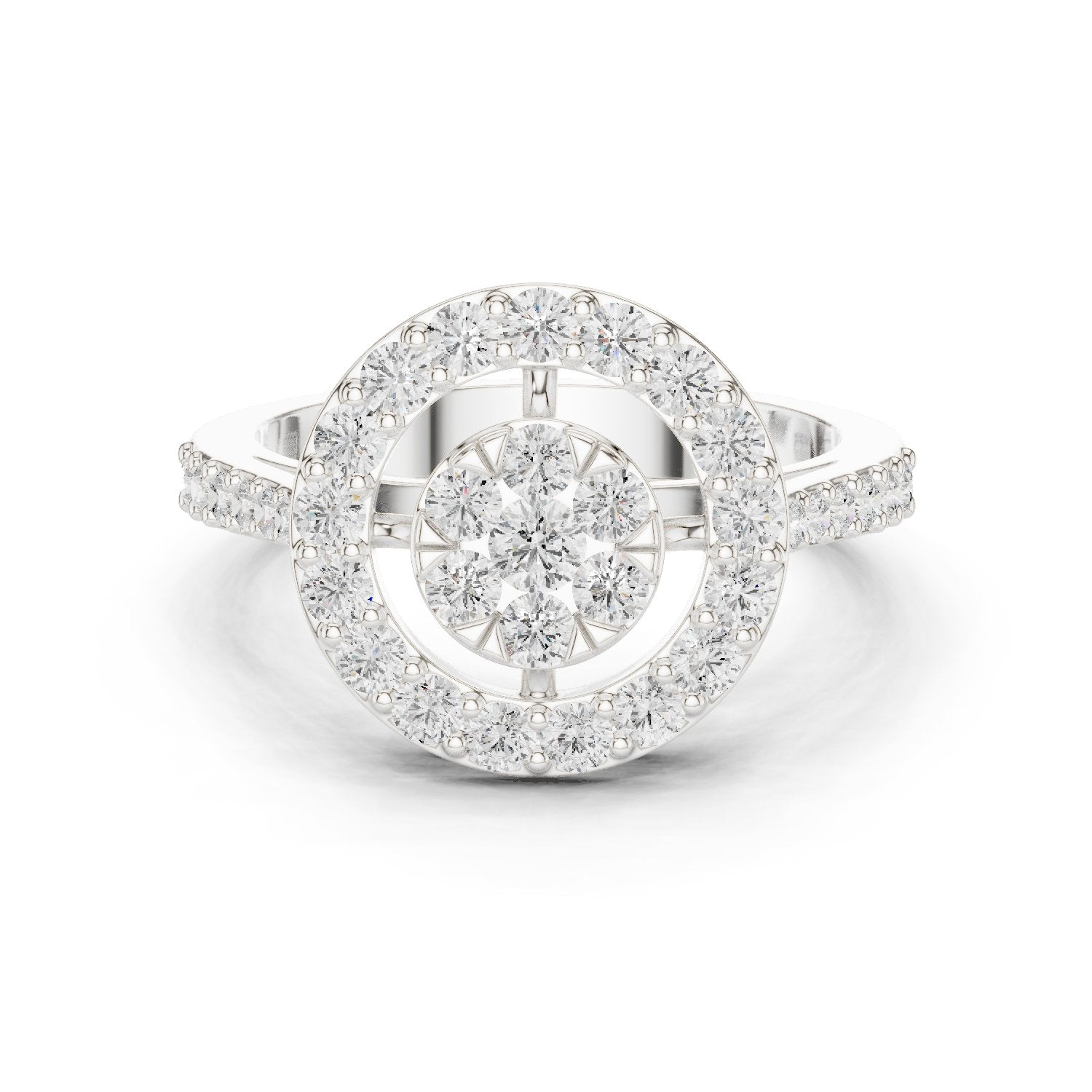 Round Diamond Constellation Cluster Halo Engagement Ring with Split Shank Pavé Band