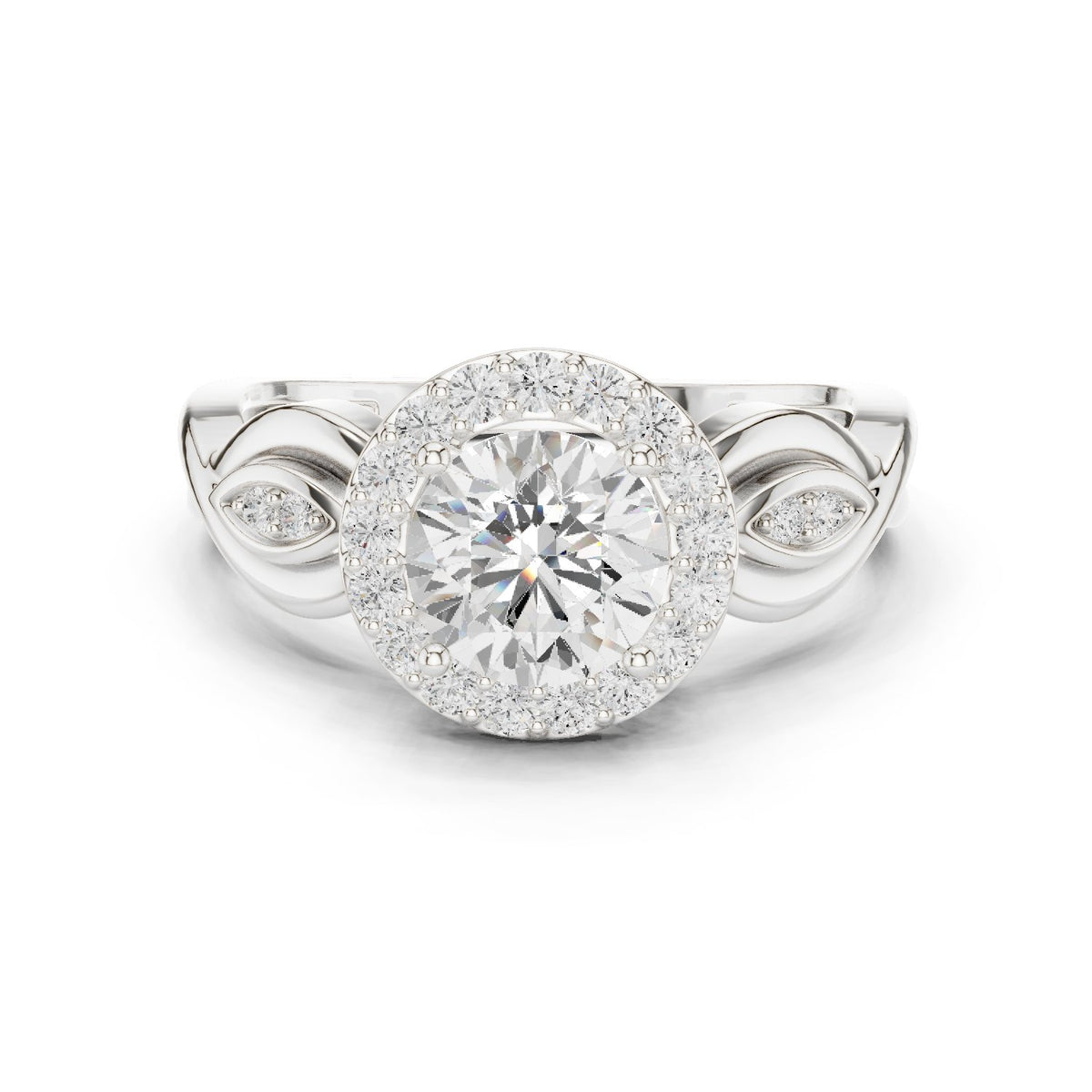 Round Diamond Halo Engagement Ring with Scrollwork Shank