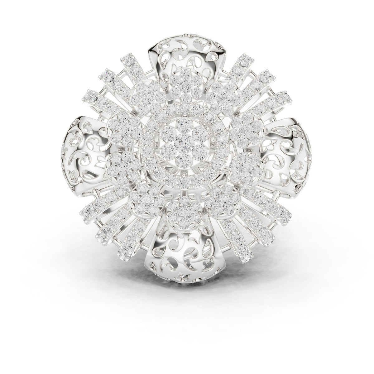 Round Diamond Floral Cluster Statement Engagement Ring