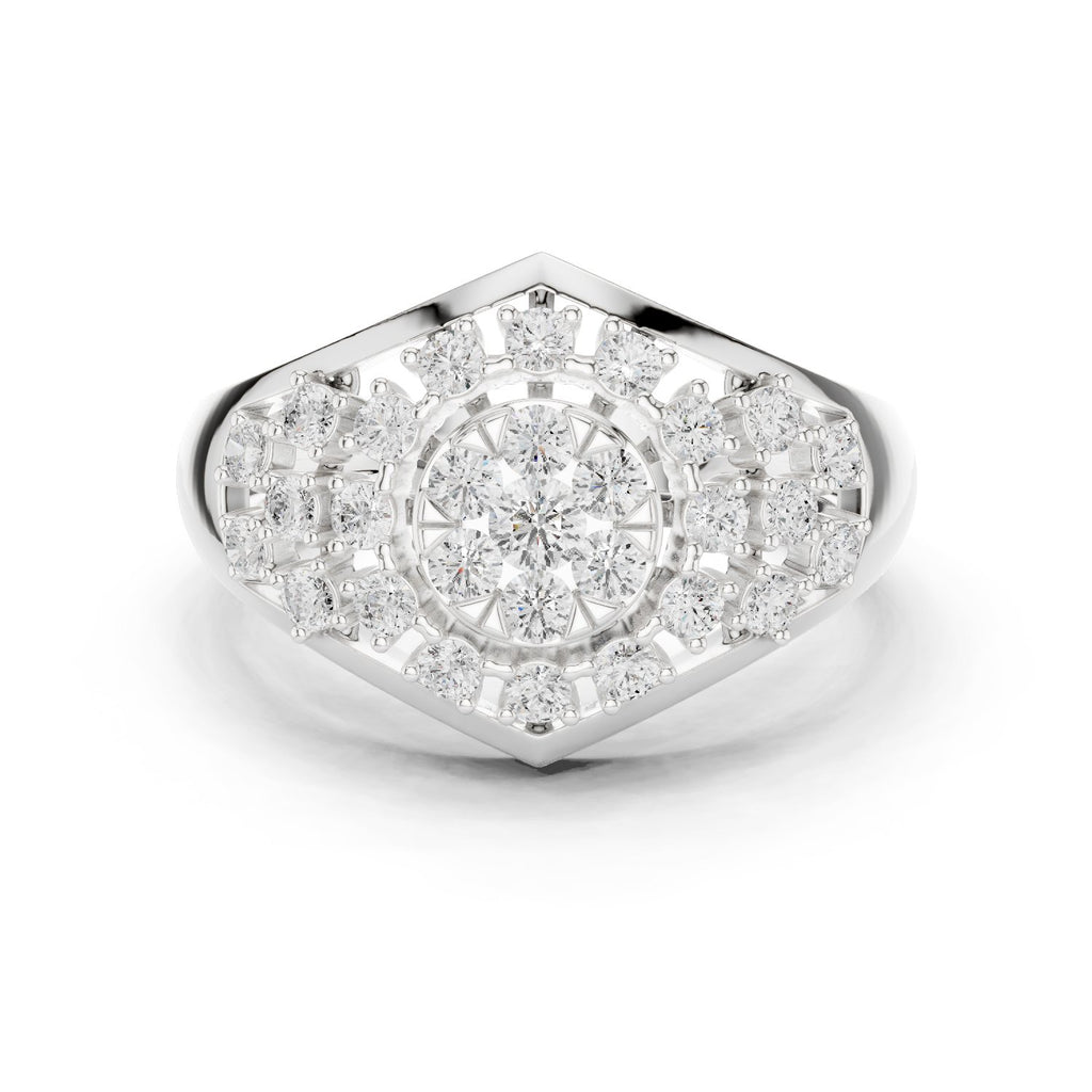 Round Diamond Hexagonal Cluster Signet Engagement Ring