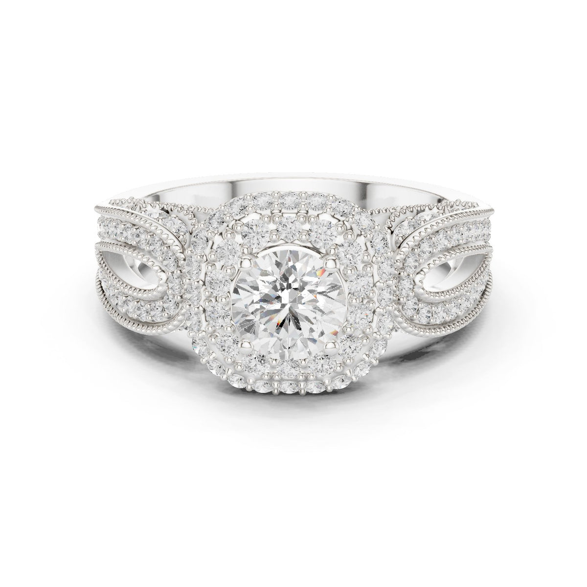 Round Diamond Double Halo Engagement Ring with Decorative Band