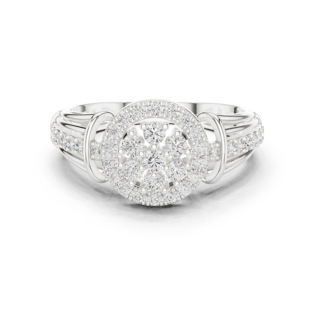 Round Diamond Cluster Halo Engagement Ring with Decorative Split Shank