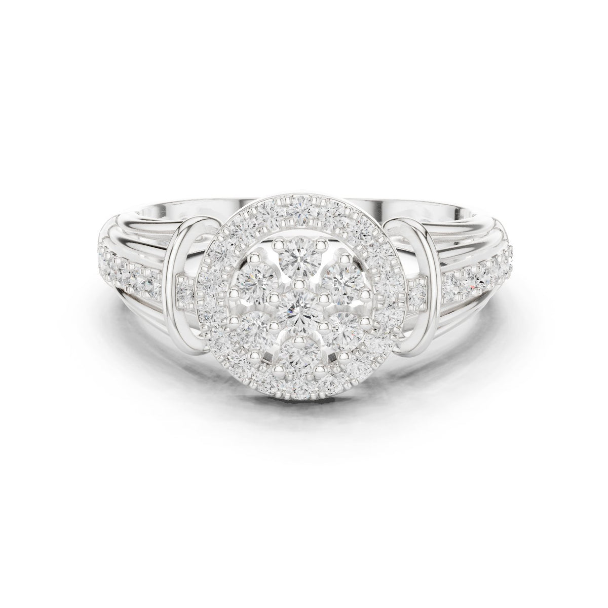 Round Diamond Cluster Halo Engagement Ring with Decorative Split Shank
