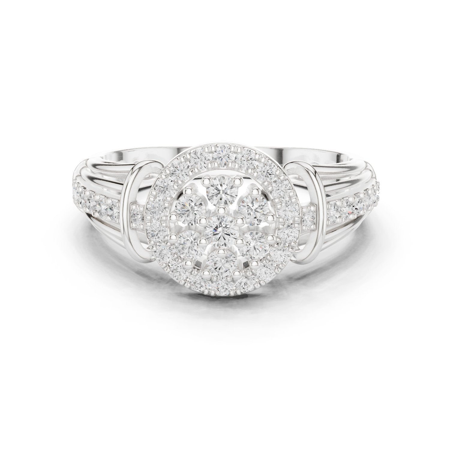 Round Diamond Cluster Halo Engagement Ring with Decorative Split Shank
