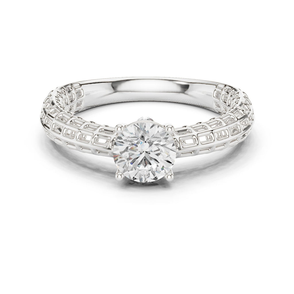 Round Diamond Three Stone Engagement Ring with Openwork Band