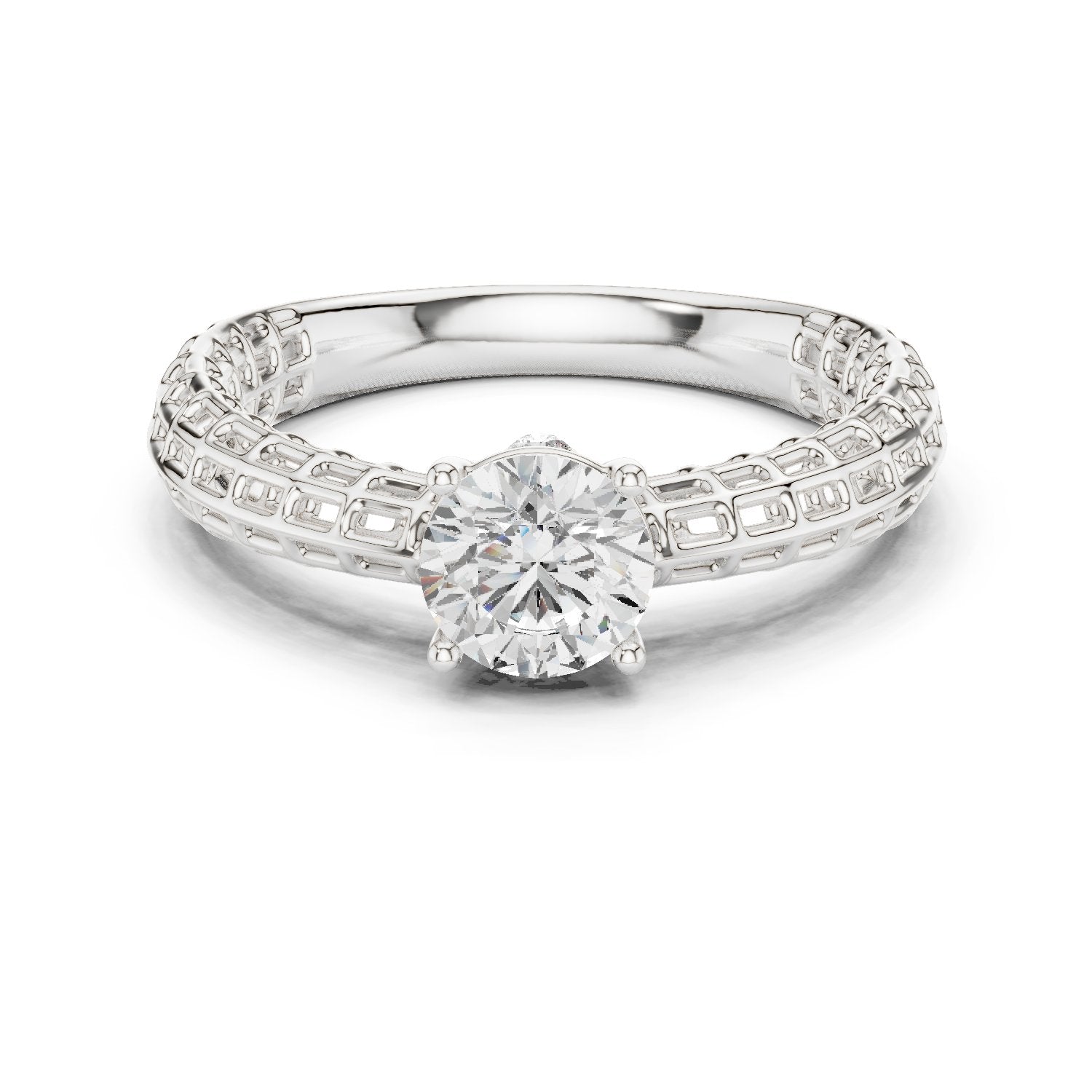Round Diamond Three Stone Engagement Ring with Openwork Band