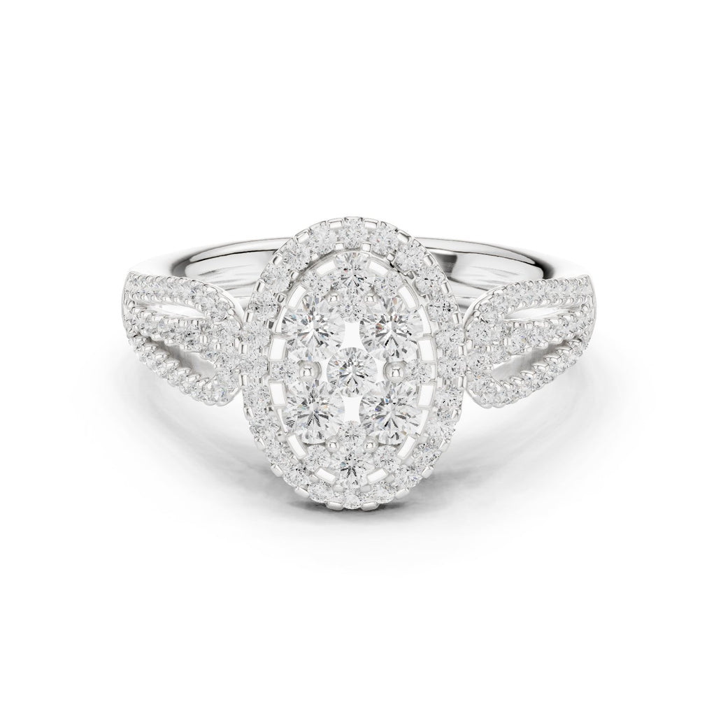 Round Diamond Constellation Oval Cluster Engagement Ring with Split Shank Pavé Band