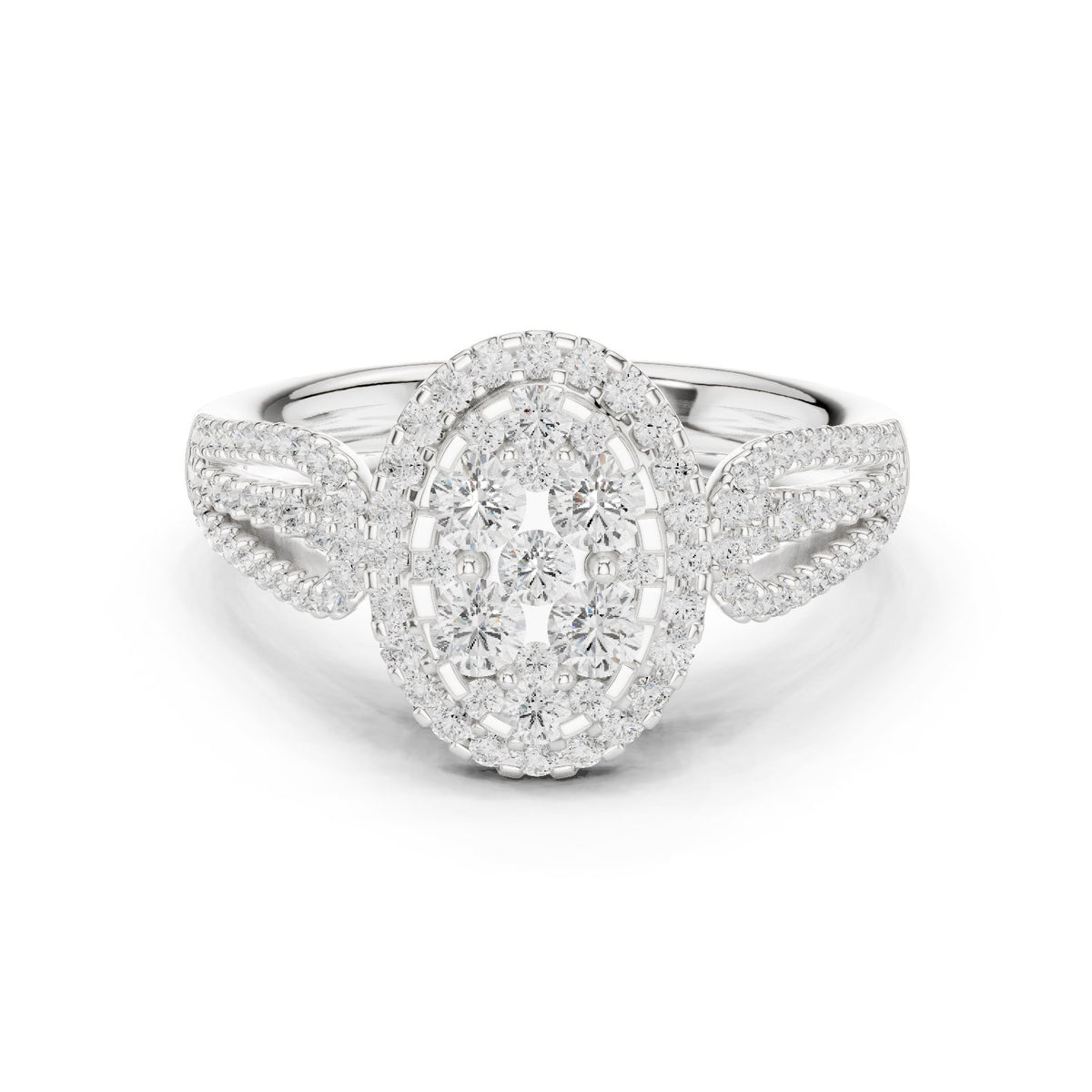 Round Diamond Constellation Oval Cluster Engagement Ring with Split Shank Pavé Band