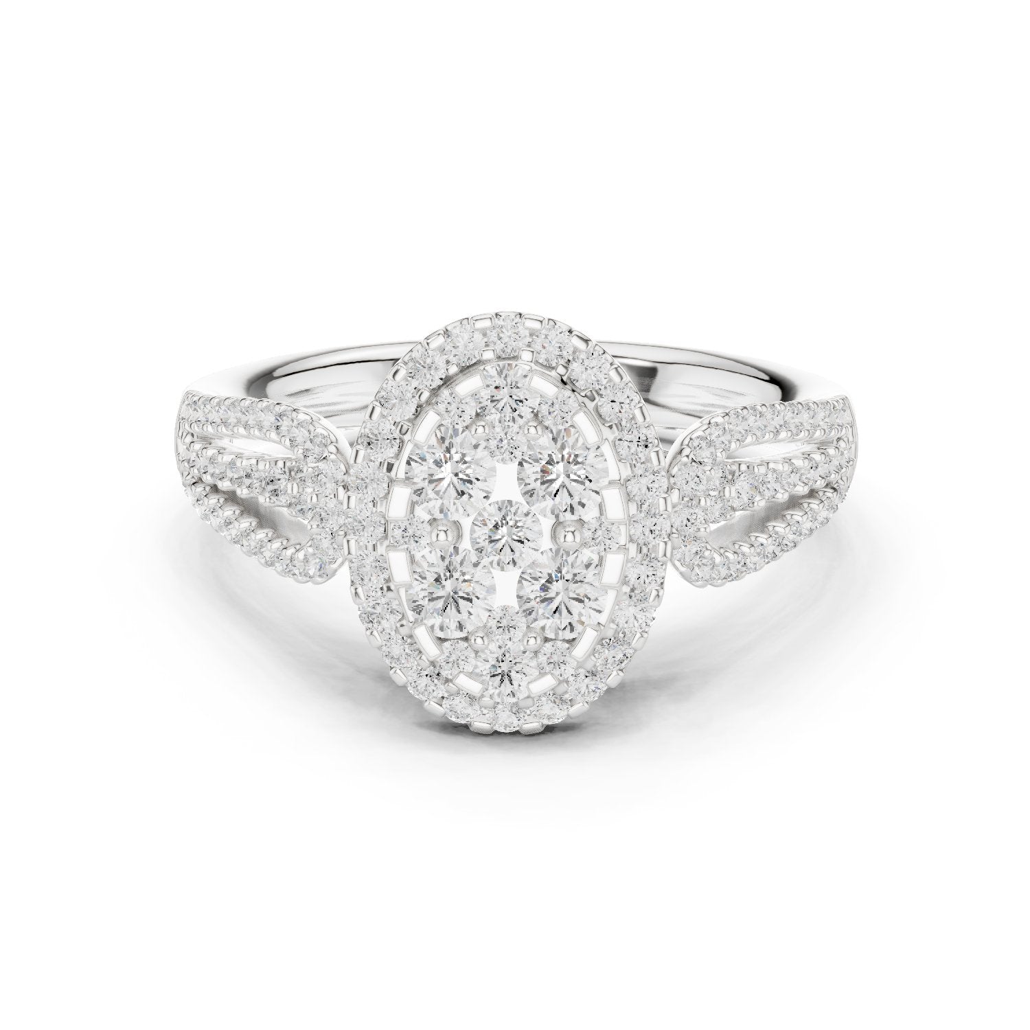 Round Diamond Constellation Oval Cluster Engagement Ring with Split Shank Pavé Band