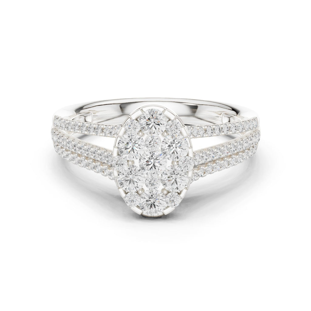 Round Diamond Oval Cluster Engagement Ring with Split Shank Pavé Band