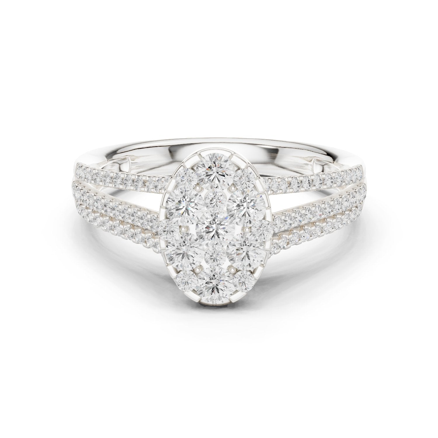 Round Diamond Oval Cluster Engagement Ring with Split Shank Pavé Band