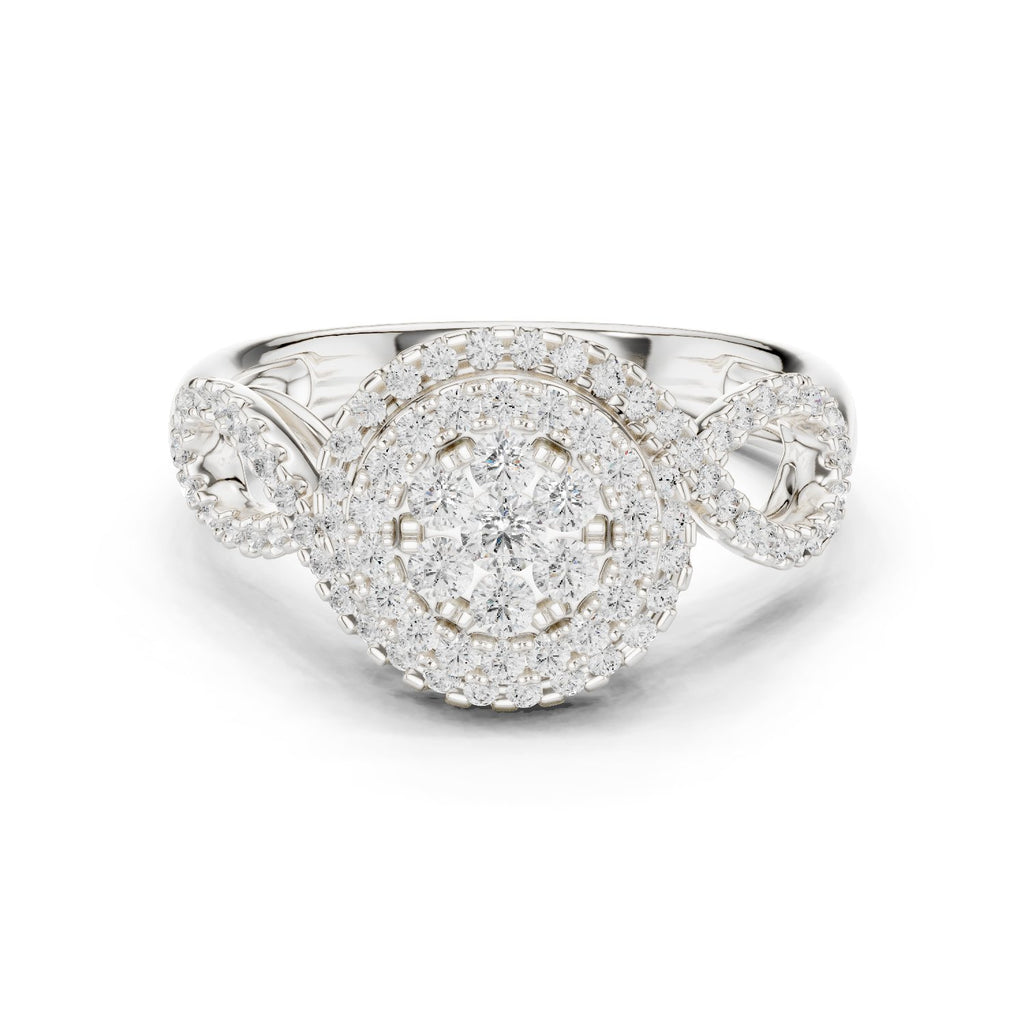 Round Diamond Cluster Double Halo Engagement Ring with Twisted Pavé Band