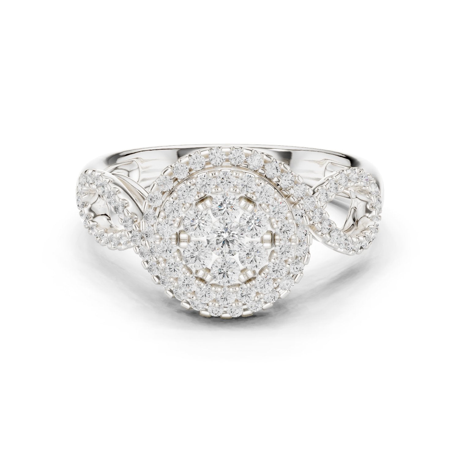 Round Diamond Cluster Double Halo Engagement Ring with Twisted Pavé Band