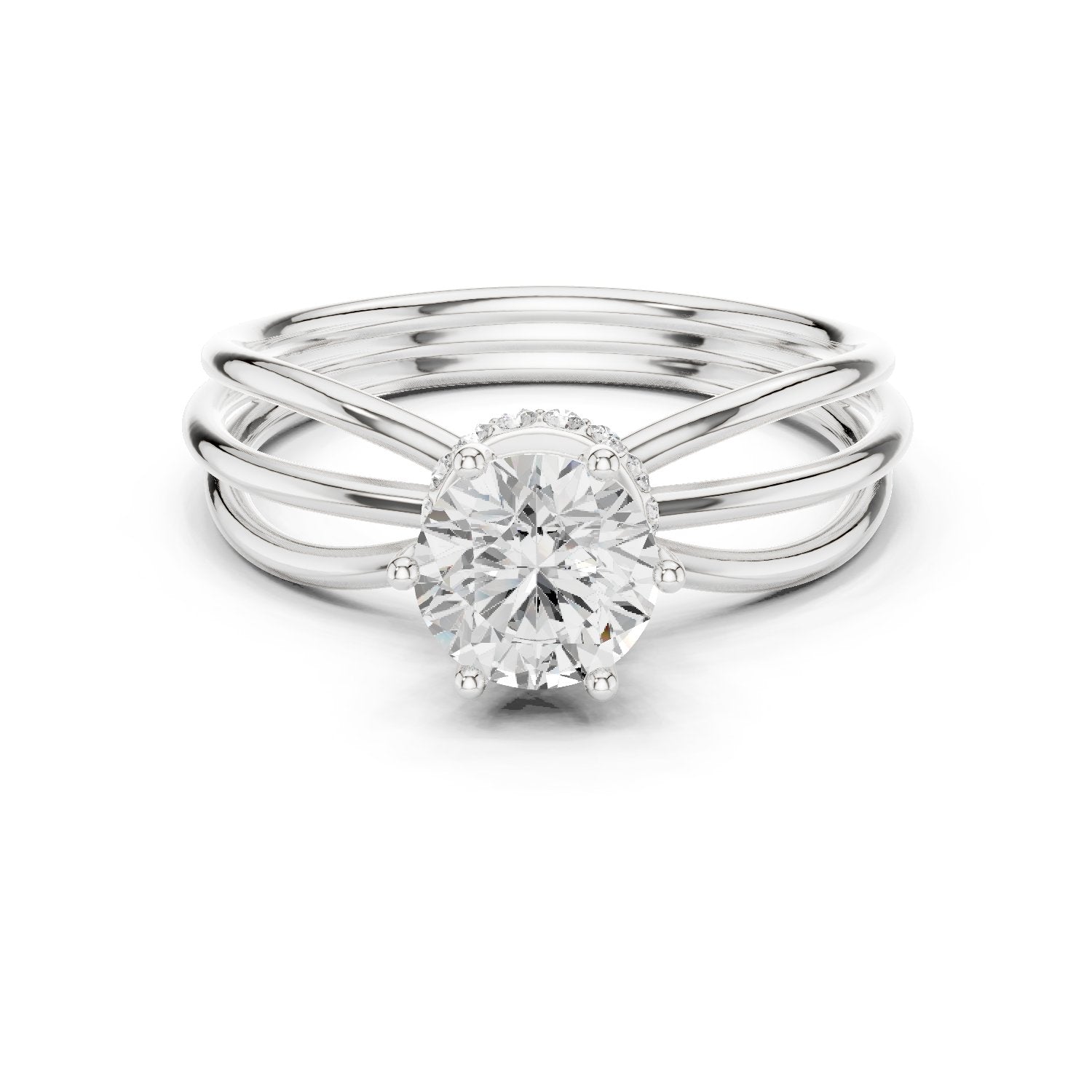 Round Diamond Triple Band Hidden Halo Solitaire Engagement Ring