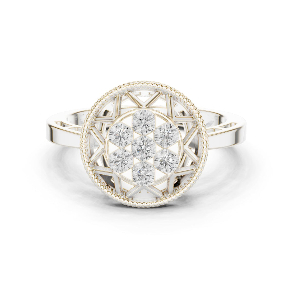 Round Diamond Cluster Caged Halo Engagement Ring