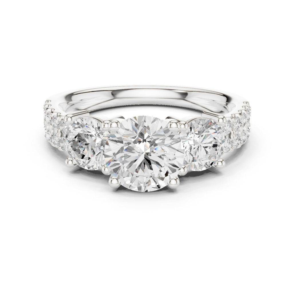 Cushion Cut Three Stone Engagement Ring with Round Sides and Pavé Band
