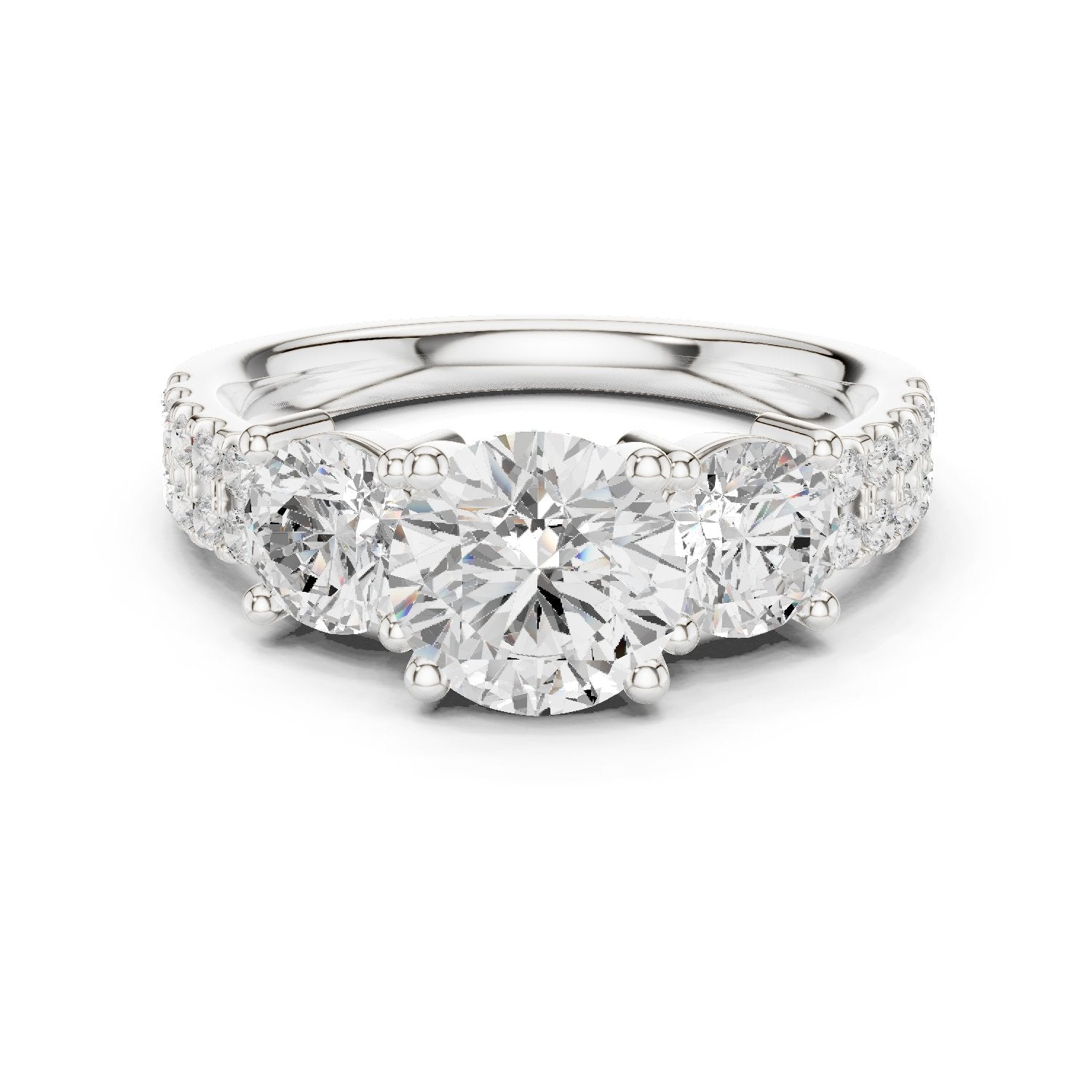 Cushion Cut Three Stone Engagement Ring with Round Sides and Pavé Band