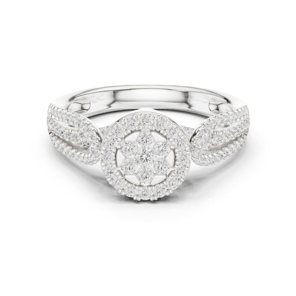 Round Diamond Floral Cluster Engagement Ring with Leaf Shoulders