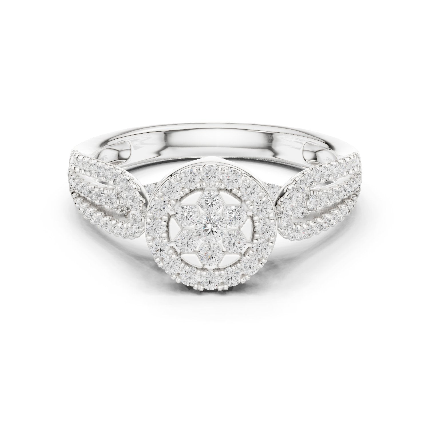 Round Diamond Floral Cluster Engagement Ring with Leaf Shoulders