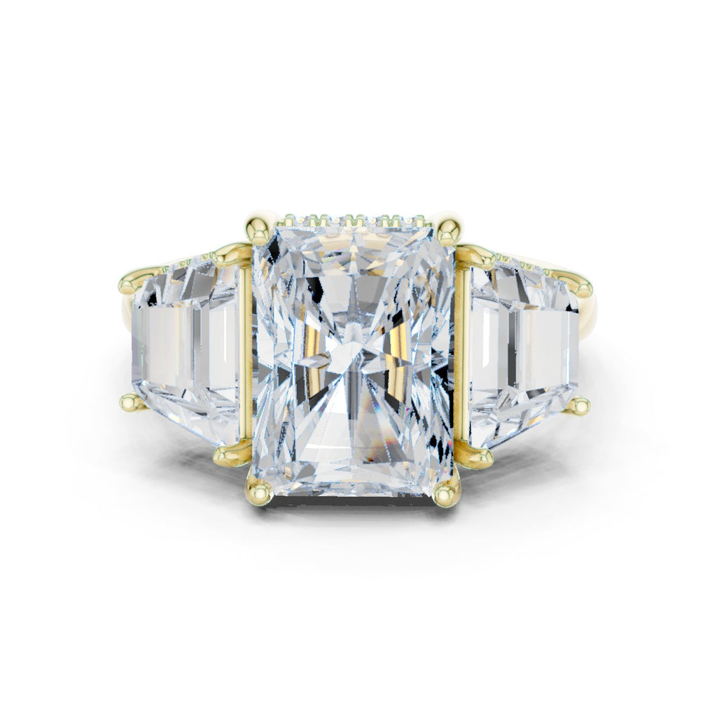 Radiant Cut Three Stone Engagement Ring with Trapezoid Side Stones