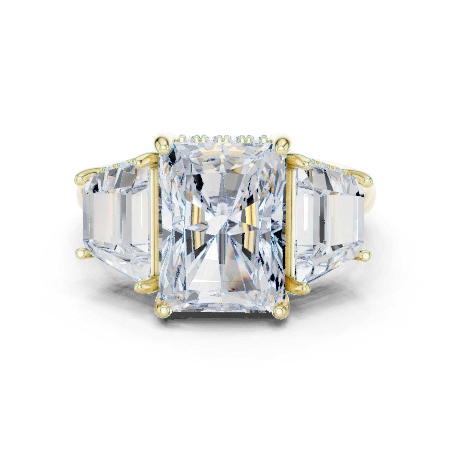 Radiant Cut Three Stone Engagement Ring with Trapezoid Side Stones
