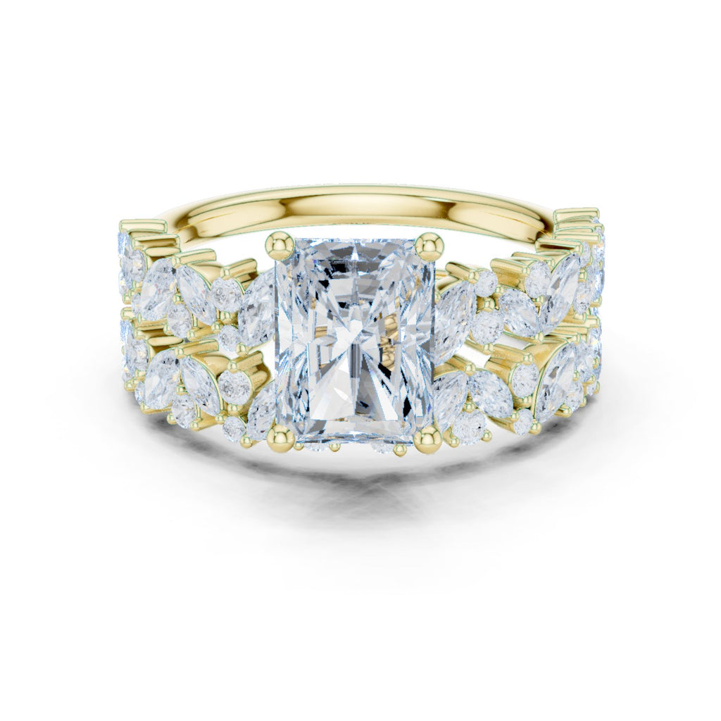 Radiant Cut Engagement Ring with Marquise Vine Cluster Band