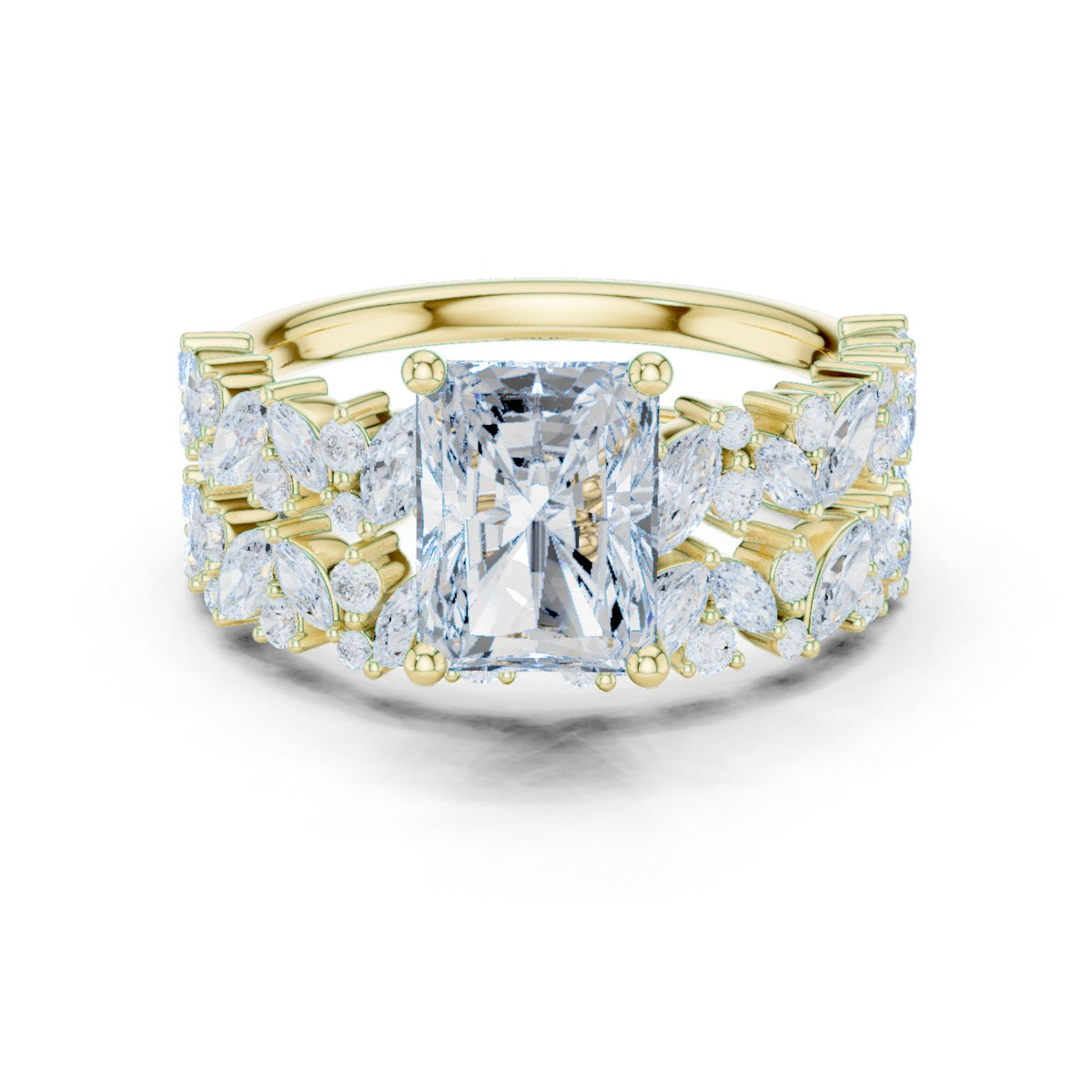 Radiant Cut Engagement Ring with Marquise Vine Cluster Band
