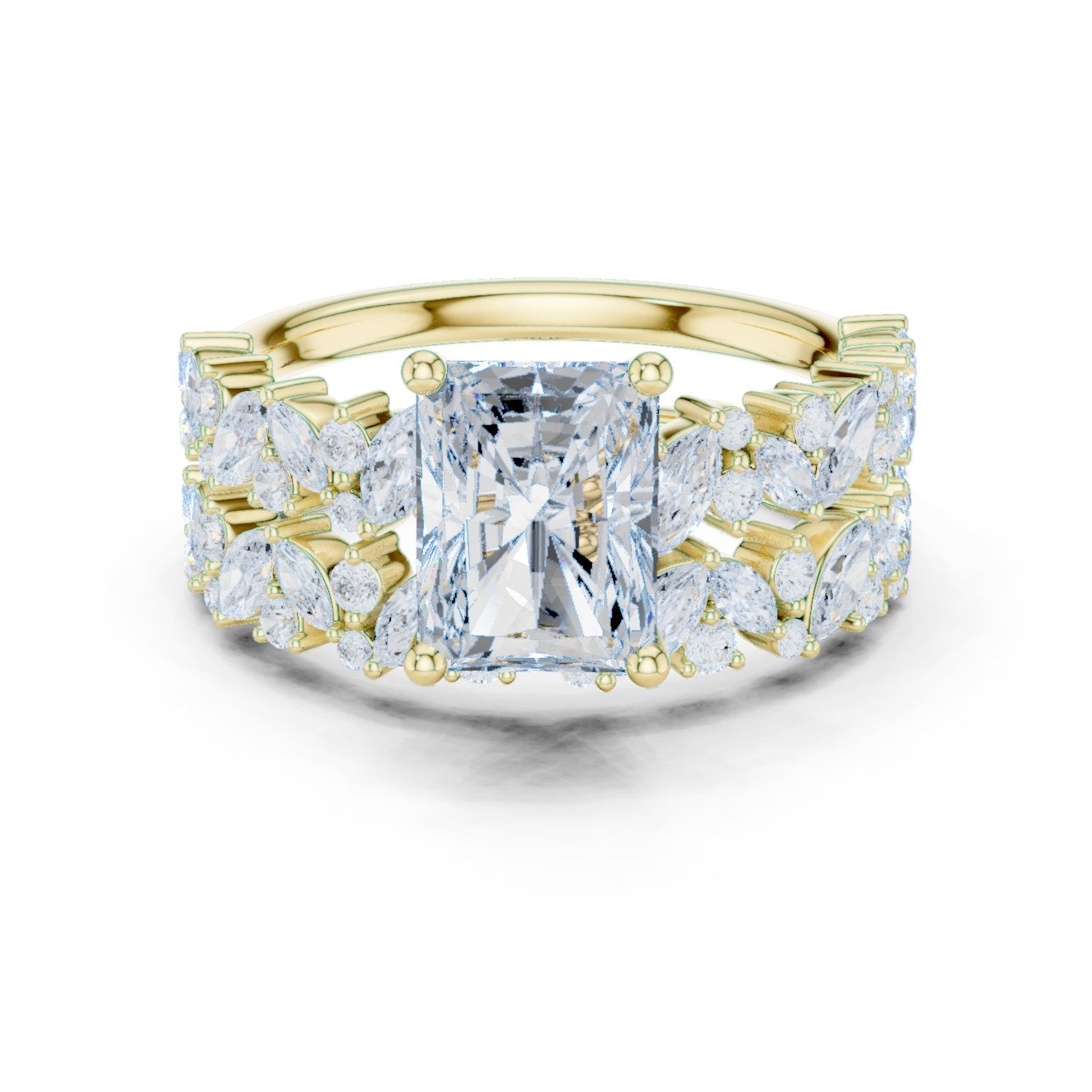 Radiant Cut Engagement Ring with Marquise Vine Cluster Band