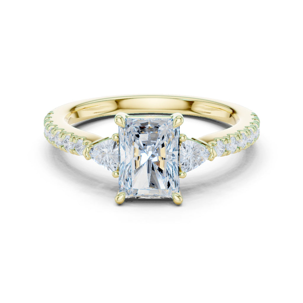 Radiant Cut Three Stone Engagement Ring with Trilliant Sides and Pavé Band